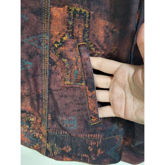 VTG Y2K Chico's SZ 1-US M Multicolor Acid Wash Denim Jacket Trucker Aztec - Picture 6 of 8